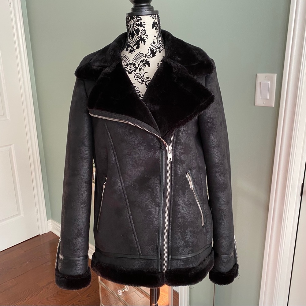 Faux fur coat, Sherpa moto style